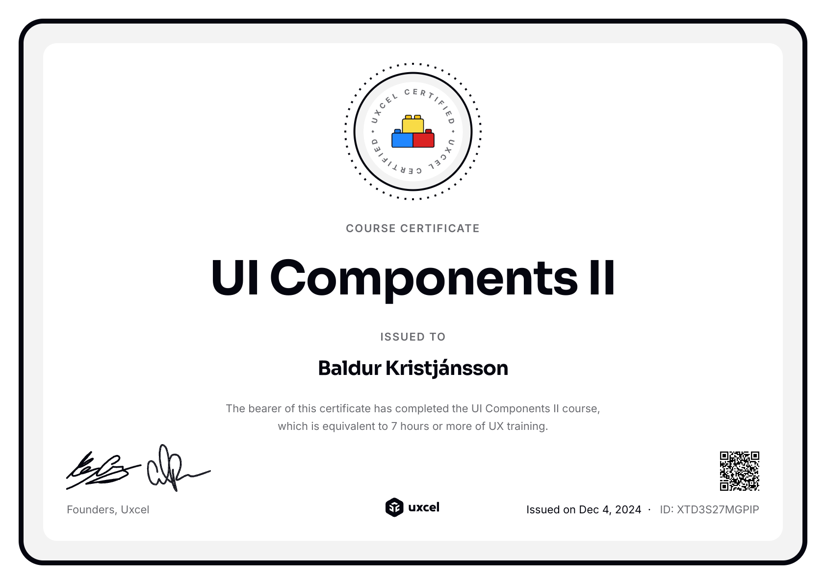 Baldur Kristjánsson's certificate